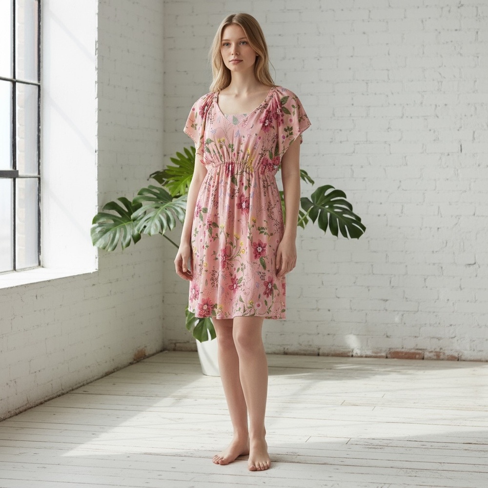 Old Navy Midi Floral Pink Dress with Short Sleeves and V-Neck Front in XS
